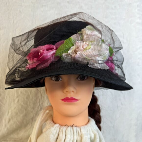 Vintage Black Floral Hat With Mesh Veil & Roses - Picture 1 of 6